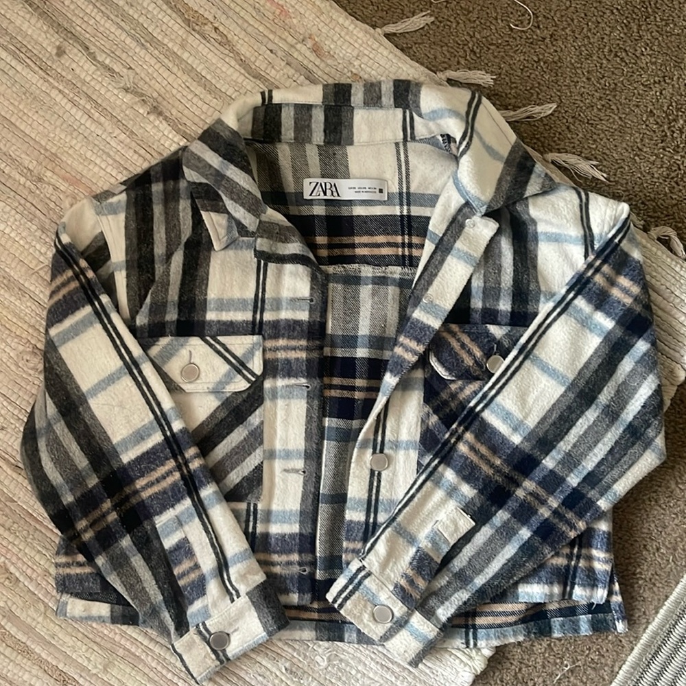 Zara Cropped Plaid Blue Jacket Size XS